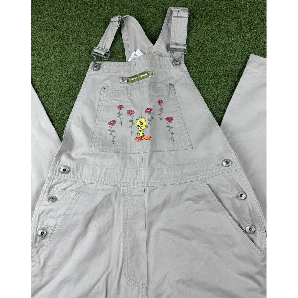 Vintage 1999 Warner Bros Tweety Bird Overalls Tan Wide Leg Carpenter Womens S - Picture 2 of 14